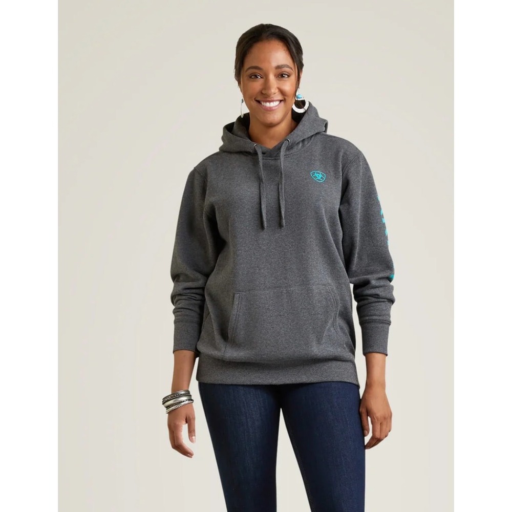 Ariat Hoodie Women Size Large Charcoal Gray‎ Re-AL Logo Sleeve Graphic Pullover